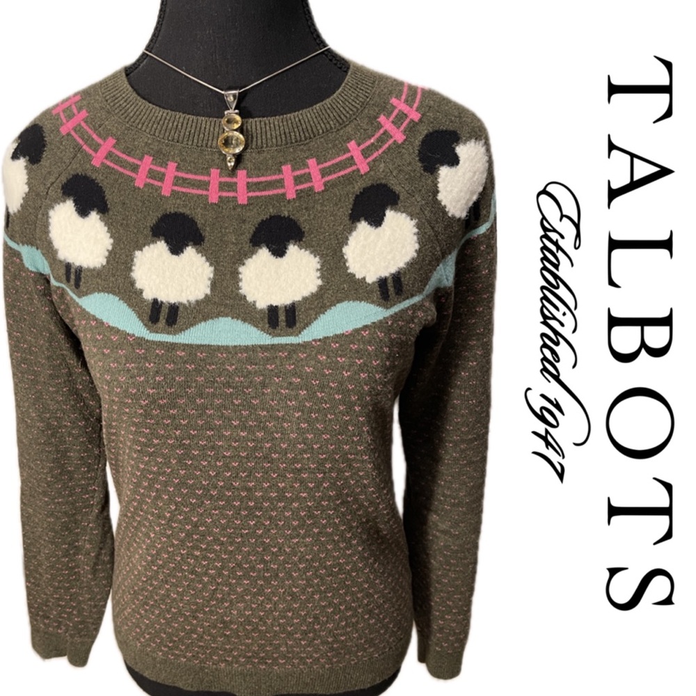 Talbots Sheep Yoke Raglan Crewneck Pullover Knit Embroidered LS Petite Sweater
